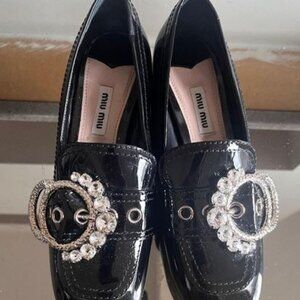 Miuccia Prada for Miu Miu Black Black Patent Loafers with Large Crystal Buckle